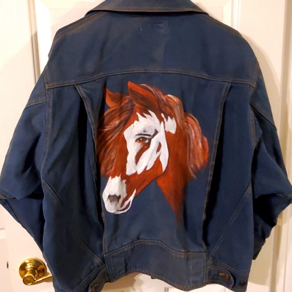 Vintage custom hand painted denim blue jean jacket paint horse sz L/XL oversized